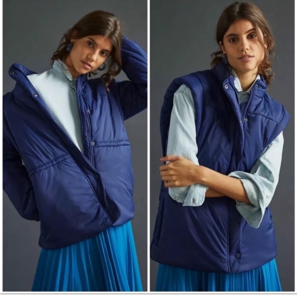 Maeve Anthropologie Blue Snap- Sleeve Puffer Jacket- Size M